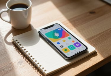 A designer's desk with a notepad, a coffee cup, and an Android phone showing a colorful app prototype. Warm, professional, International / European morning light.