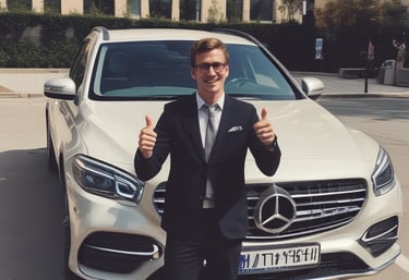 A friendly staff member shaking hands with a customer beside a shiny used car.