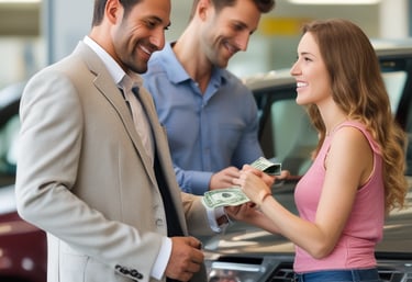 A close-up of a customer handing over car keys at Kate's Used Auto dealership.