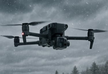 Professional thermal imaging drone flying through snow over a winter forest landscape.
