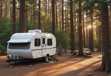 A friendly RV technician working outdoors next to a camper, tools in hand, during a sunny afternoon.