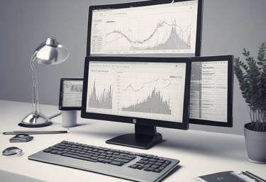 Close-up of hands typing on a laptop keyboard with digital marketing charts on screen.