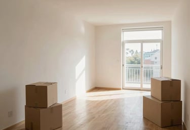 Professional moving team carefully packing boxes in a bright, minimalist home interior.