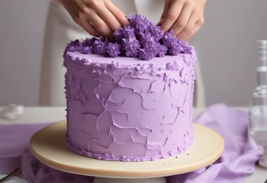 Pastelero decorando una torta de capas color lavanda con textura, adornada con flores moradas