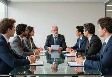 A group of professional managers in a brainstroming session around a glass table in a modern office in Curitiba, vibrant and collaborative mood, professional photography, navy and gray colors.