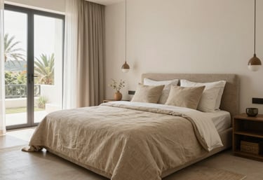 A bright, modern bedroom in a high-end Moroccan residence, featuring elegant linen bedding, neutral sand colors, and professional photography composition.