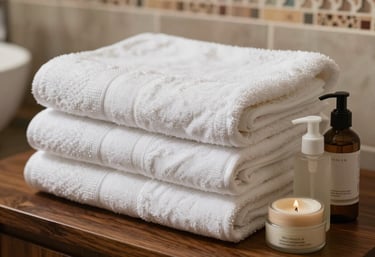 A close-up of a neatly folded stack of premium white linen towels and organic spa products on a dark wooden surface in a luxurious Moroccan bathroom.