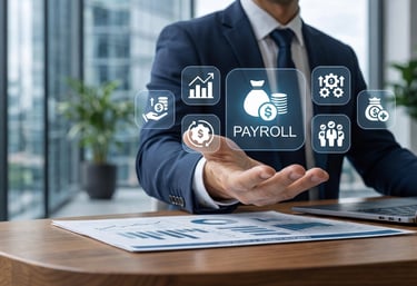 Businessman using a digital payroll management interface with financial data icons and charts on a desk.