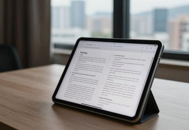 A close-up of a neat study space in a East Asian / Hong Kong / Greater Bay Area apartment, with a tablet showing DSE exam papers and a view of the city skyline through the window.