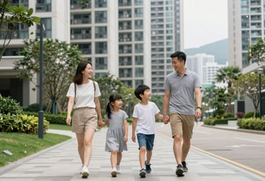 A happy East Asian / Hong Kong / Greater Bay Area family walking in a high-end residential area in Hong Kong, with clean streets and modern urban landscaping.