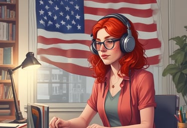 A friendly middle-aged Brazilian male teacher smiling while holding bilingual books and headphones in a cozy study room.