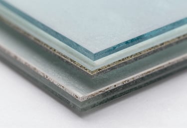 A close-up of a multi-layered impact glass sample showing the reinforced interlayer, bright and clean photography with steel blue and pale gray-blue highlights.