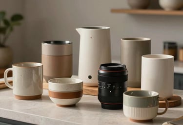 A variety of modern household and retail products arranged aesthetically on a clean counter, soft lighting, South American styling.