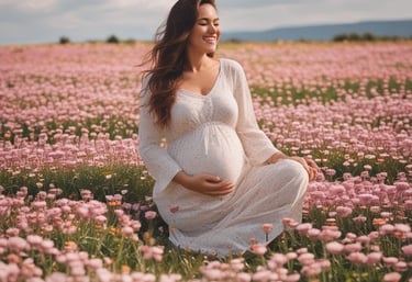 Pregnant woman in white dress sitting in pink flower field with hands on belly showing fertility car