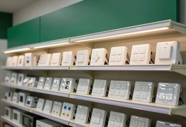 Interior of a modern South American / Brazilian electrical supply store. The shelves are well-organized with lighting fixtures and switches. The lighting is warm and welcoming, highlighting Soft Mint White and Deep Forest Green branding.