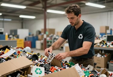 A photography shot of a professional recycler sorting cardboard and e-waste in a clean, brightly lit North American / US / Floridian recycling facility.