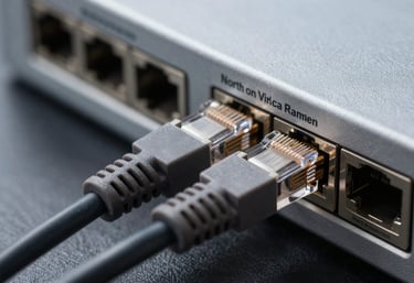 A macro photograph of an ethernet cable being plugged into a high-performance switch, capturing the precision and high-tech feel of a North American office infrastructure.