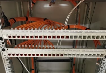 Labeled fiber optic patch panels with organized orange ethernet cables in a server rack.