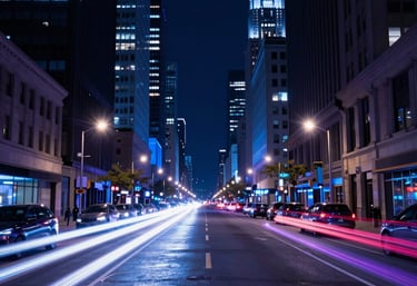 A futuristic city street at night in a North American / US metropolitan area, shot with long exposure to create light trails in electric blue and purple. Representing speed and digital flow.