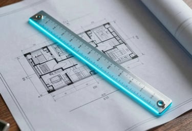 A top-down view of an architect's desk in a North American / US city. Blueprints are spread out, and a glowing neon cyan ruler lies across them, suggesting precision and planning.