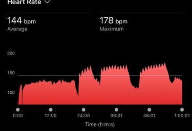 A chart of an athletes heart rate peaks and beats per minute overtime during a workout