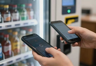 A close-up of a customer's hand using a smartphone for a contactless payment at a vending machine in a modern North American office.