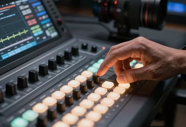 A close-up of a hand using a professional editing console with glowing buttons in a dim, modern studio environment, North American style.