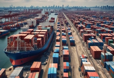 A sleek cargo ship docked at a port with containers being loaded under a clear blue sky.
