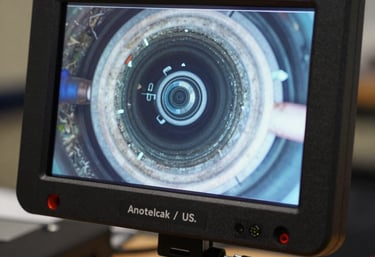 Close-up of a high-tech drain inspection camera monitor showing the inside of a pipe, professional plumbing equipment, North American / US service context.