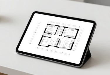 A minimalist workspace featuring a high-end digital tablet displaying a clean architectural floor plan, North American / International Business vibe, bright and airy.