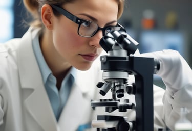 An attractive blond white female scientist in a white lab coat, smiling warmly while holding a vial of clear oil, looking directly at the camera.