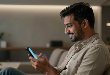 Profile shot of a South Asian / Indian man in casual attire, smiling while looking at a mobile device, softly lit by the screen's glow in a sleek interior.