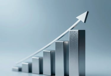 Close-up of a metallic bar chart rising steeply, representing financial success, with professional lighting in #8BB6CA tones.