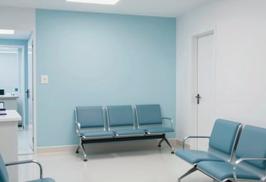 A modern, clean medical center interior in South America. Minimalist design, comfortable waiting area with pale blue and white color palette.