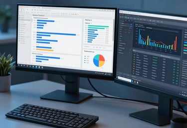 A high-end photograph of a professional digital marketing workspace with a triple-monitor setup showing search analytics and ad managers. The lighting is cool blue and very modern.
