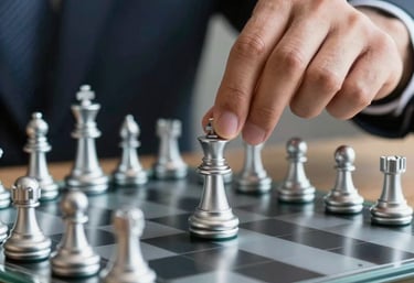 A high-end photograph of a professional's hand placing a silver chess piece on a glass board. Represents strategy, foresight, and calculated business moves.