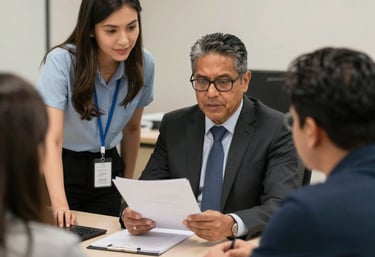 Modern office environment showing professionals discussing safety and environmental plans.