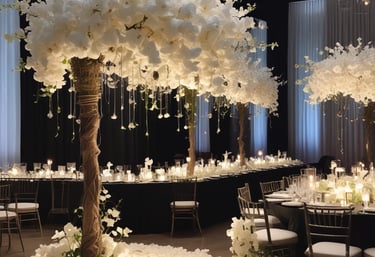 A warmly lit wedding venue glowing with uplighting and a sparkling LED dance floor under soft navy blue ambient lighting.