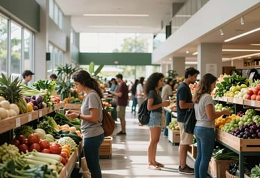 A wide shot of a modern, clean indoor farmers market in Brazil, people interacting naturally, soft sunlight, fresh produce stalls.