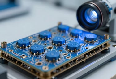 A close-up of high-quality hardware components in a Global / Tech Industry laboratory, lit with classic blue and steel blue lights, soft white background elements.