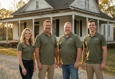 A picture of the Upstate Home Solutions team in front of a distressed home