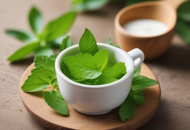 Close-up of a spoonful of white stevia sweetener crystals on a wooden table.