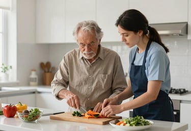 A warm, natural light photograph of a senior person and a caregiver preparing a healthy meal together in a clean, modern North American kitchen.