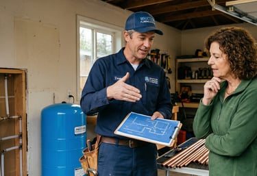 Professional plumber explaining a blueprint to a customer during a home service consultation.