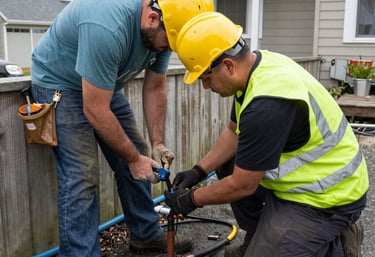 Two construction workers in hard hats and safety vests repairing an outdoor water line.