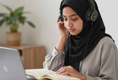 A professional female teacher in a green hijab guiding a student through Quranic recitation on a laptop screen.