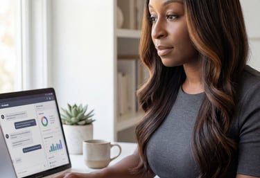 Entrepreneur using AI tools on a laptop to create content and manage an online business from home