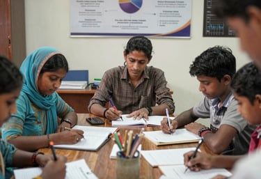Children attentively learning in a vibrant classroom setting in rural India.
