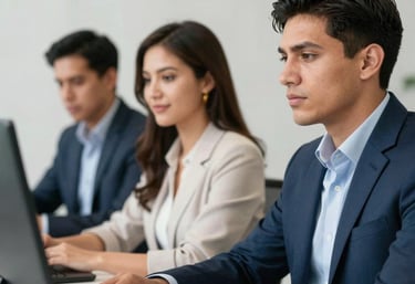 A team of developers collaborating around a laptop with code on the screen in a modern office.