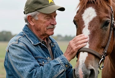 Volunteers embracing a rescued donkey, surrounded by green fields and warm light.